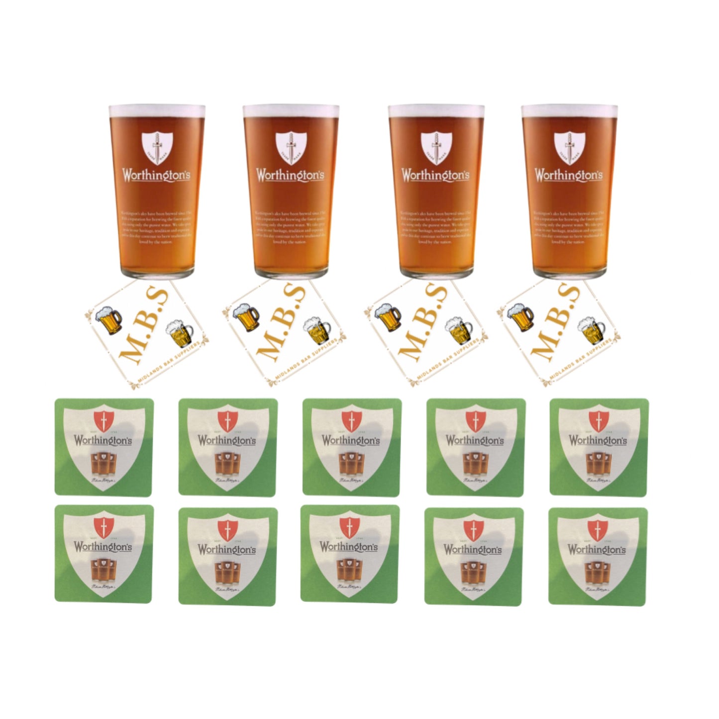 Worthington's Beer Glass Set with 4 Pint Glasses and 10 Beer Mats, Traditional English Style