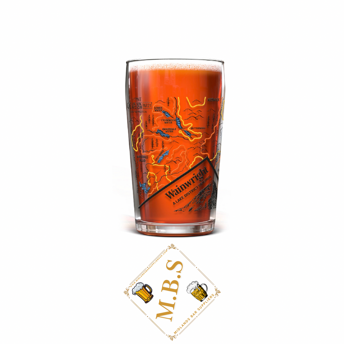Wainwright - A Lake Destrict Walking Trails Themed Pint Glass X1 & 1 x Midlands Bar Suppliers Beer Card Coaster