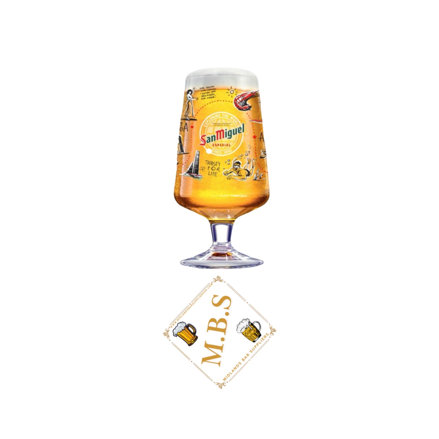 3 x San Miguel Pint Beer Glass, Limited Edition Decorative Design, Plus 3 x Midlands Bar Suppliers Card Coasters