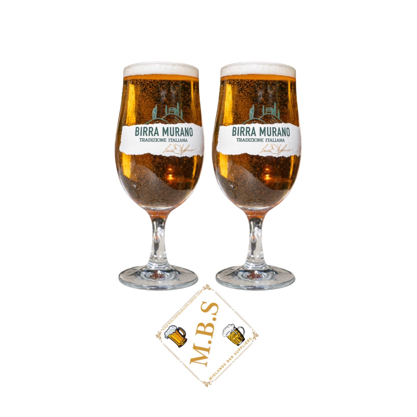 Birra Murano Traditional Italian Crystal Beer Glasses, Stemmed Pint Glass Set of 2 with Midlands Bar Suppliers Thin Bar Coaster