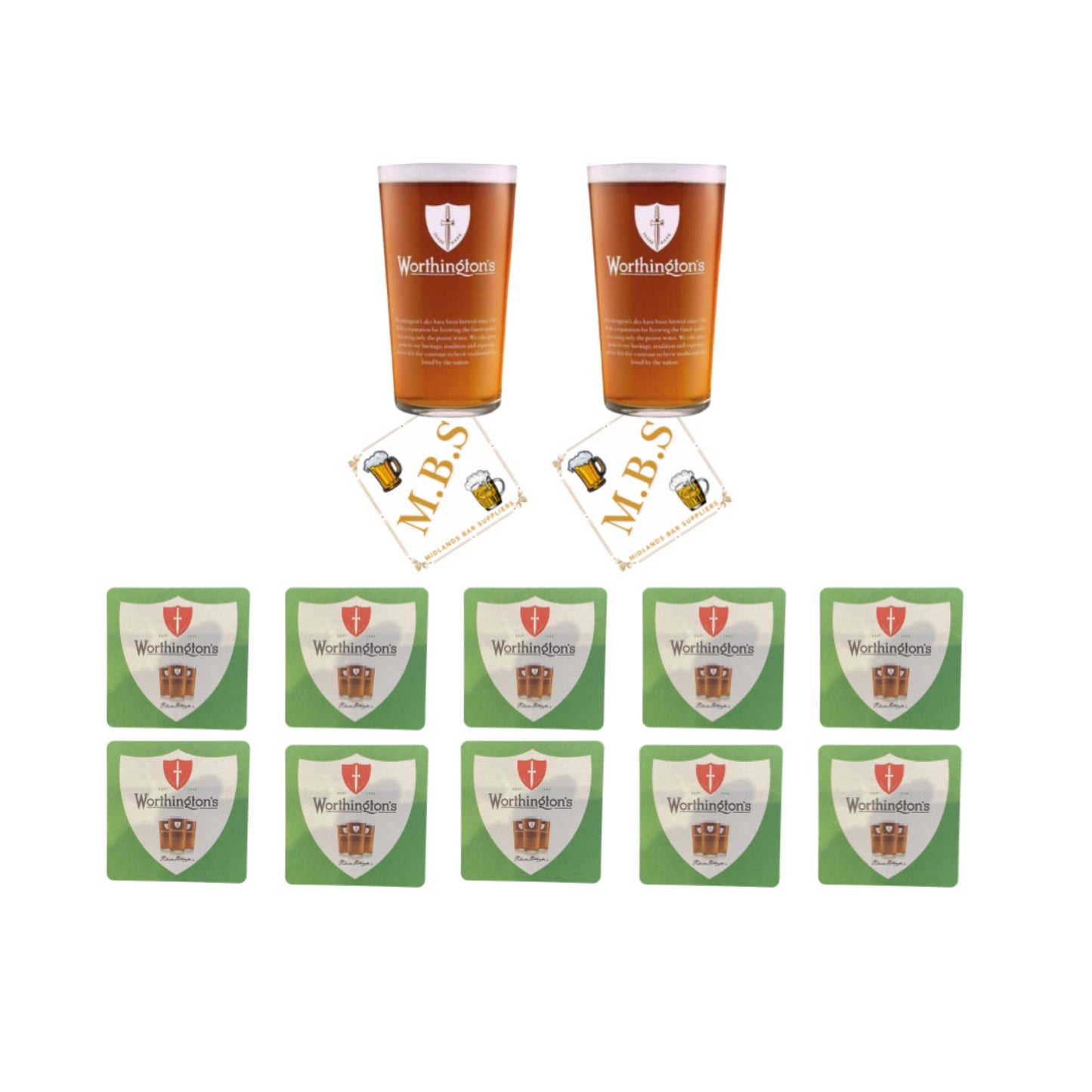 Worthington's Beer Glass Set with 2 Pint Glasses and 10 Beer Mats, Traditional Ale Glassware Collection