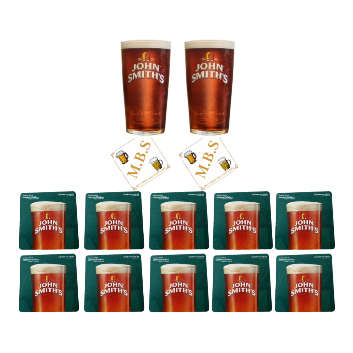 John Smith's Beer Glass Set with 2 Pint Glasses and 10 Pub Coasters, Traditional Bar Collection