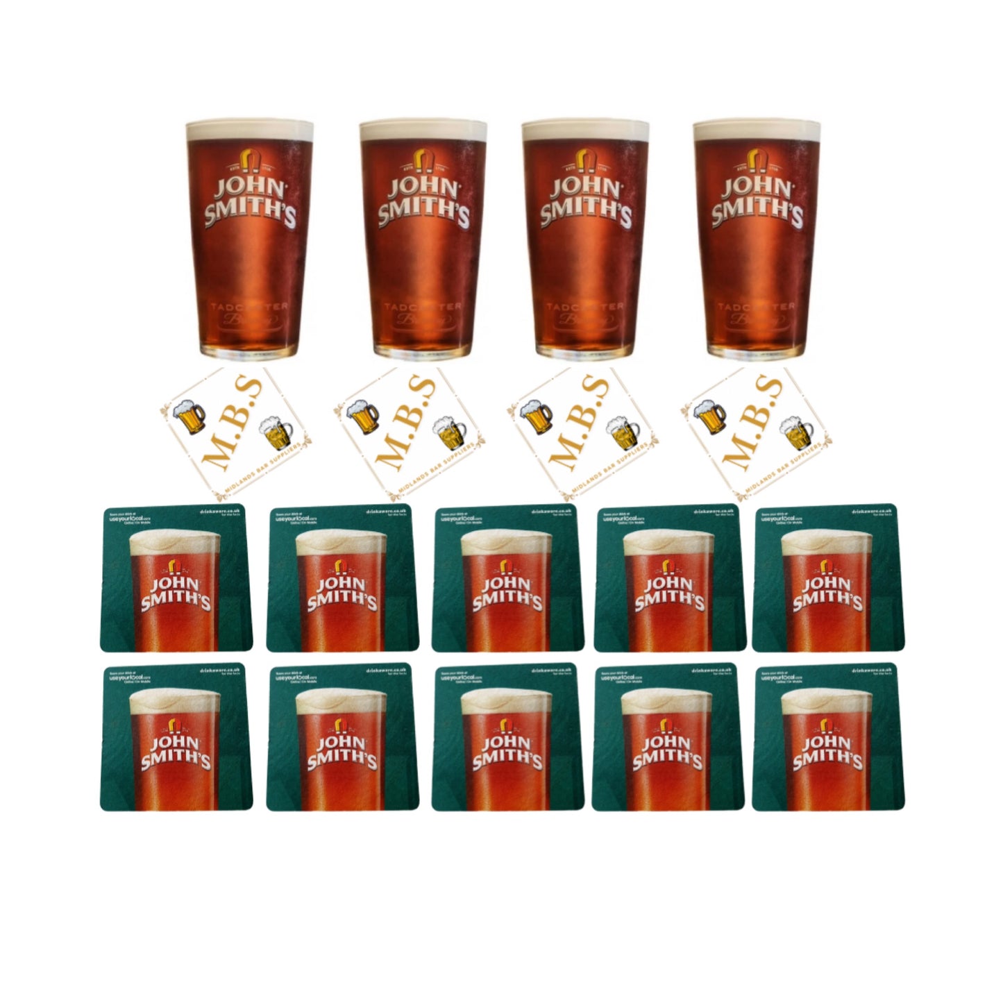 John Smith's Beer Pint Glasses (Set of Four) Plus 10 x Branded Beer Coasters, Traditional Pub Style