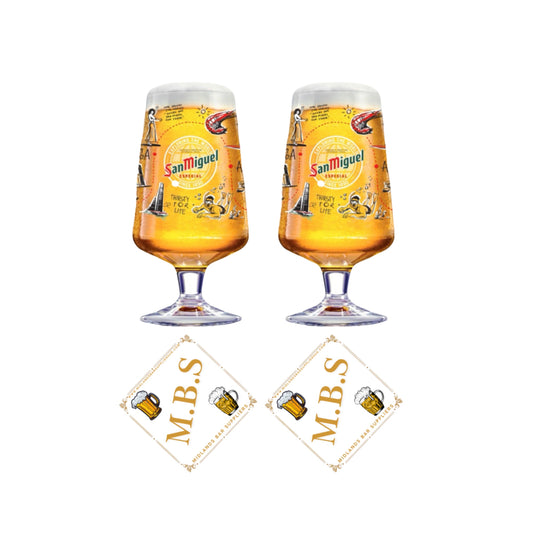 2 X San Miguel Pint Beer Glass, Limited Edition Decorative Design, Plus 2 x Midlands Bar Suppliers Card Coasters