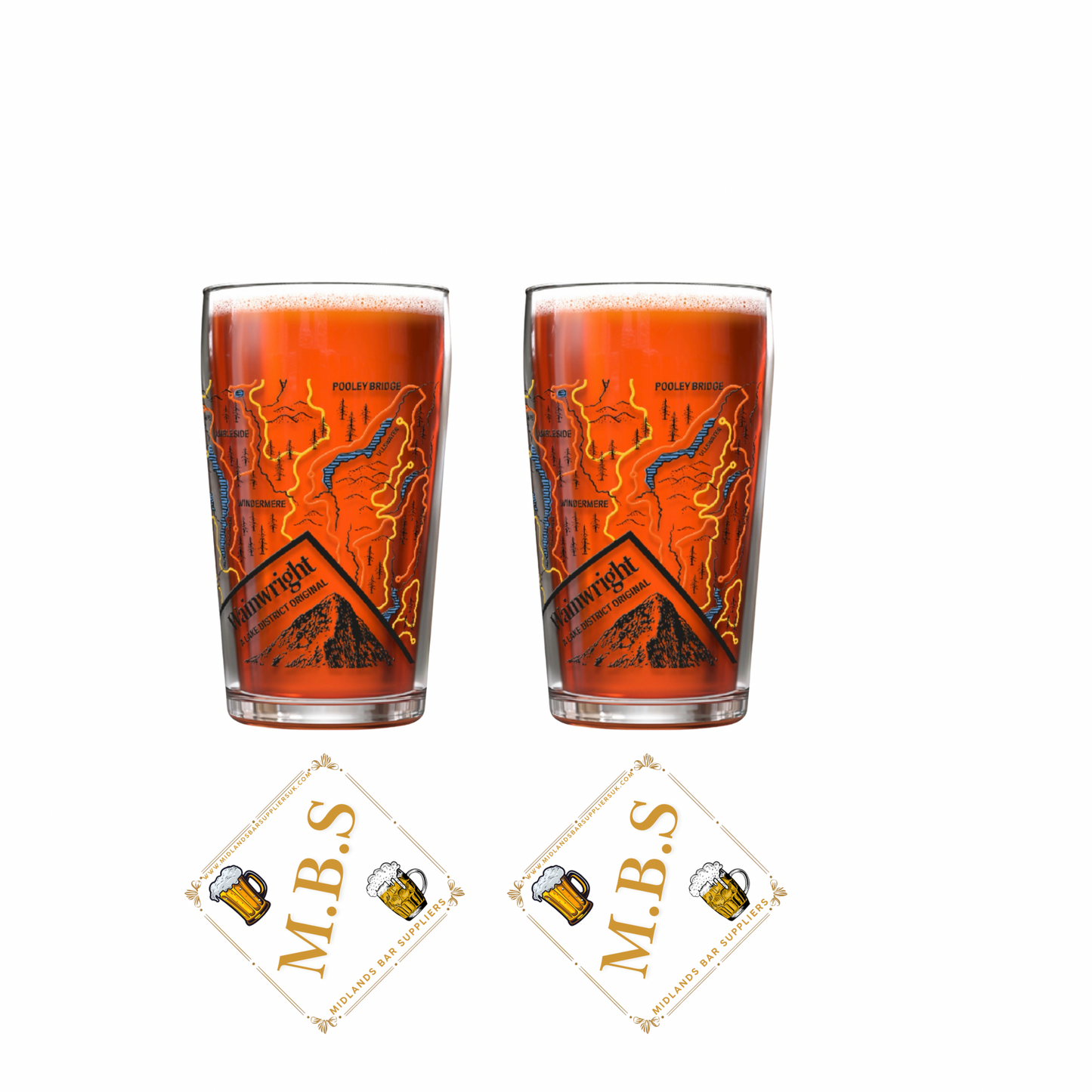 Wainwright - A Lake Destrict Walking Trails Themed Pint Glasses X2 & 2 x Midlands Bar Suppliers Beer Card Coasters