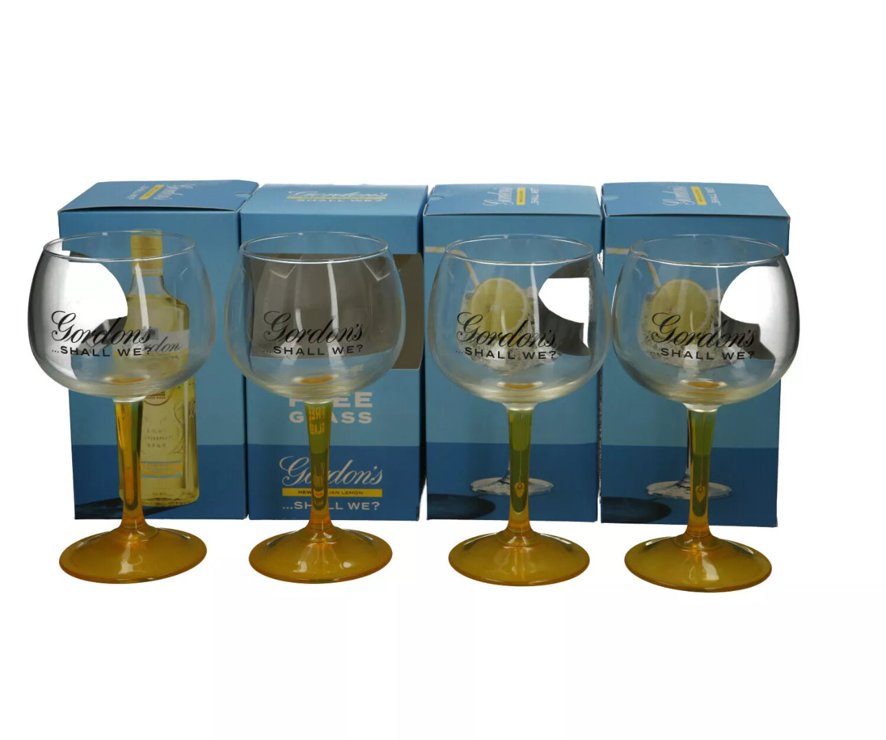 4 x Gordon's Gin Lemon Balloon Glass Yellow Stem Goblet Boxed New Xmas Gift