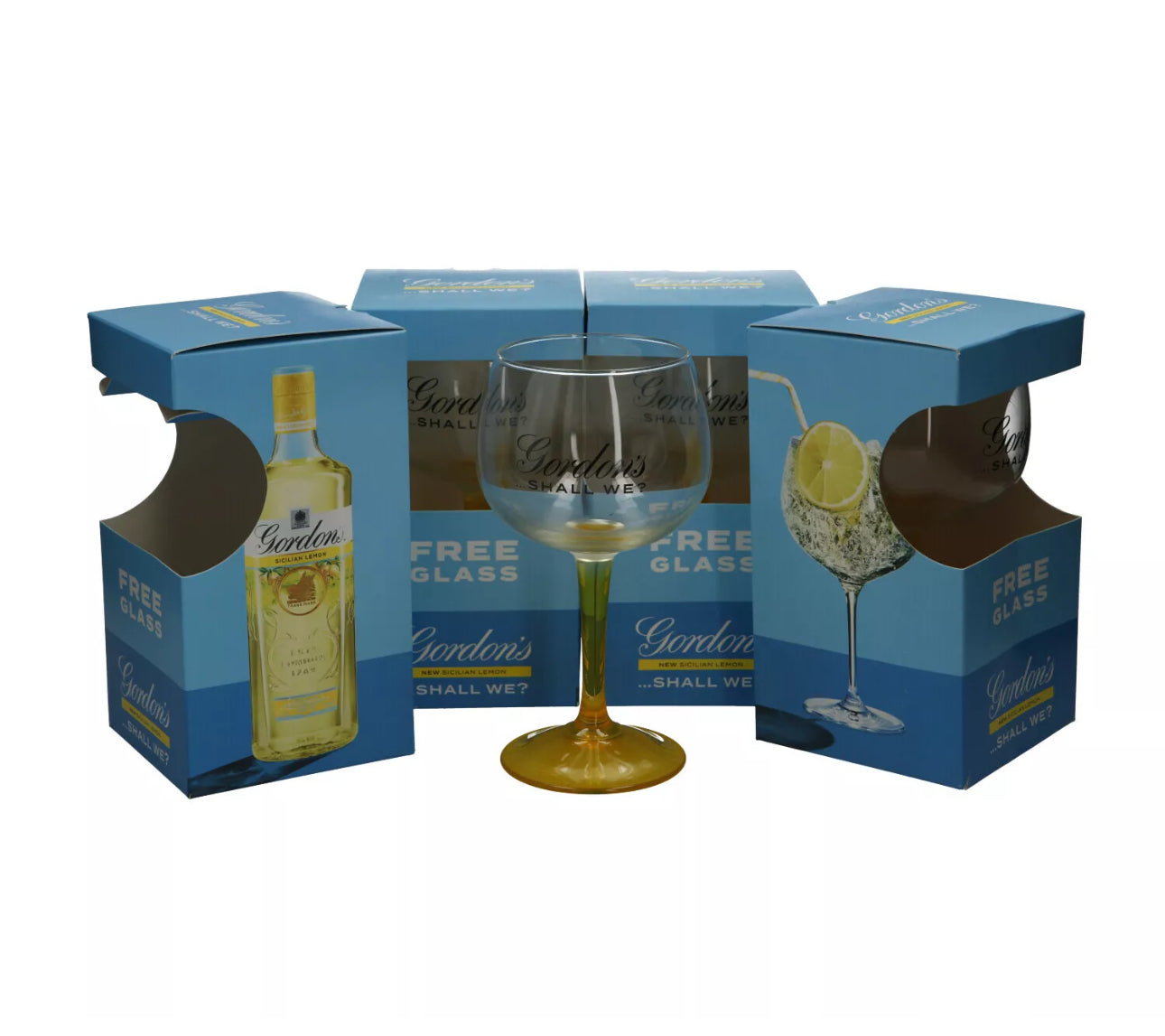 4 x Gordon's Gin Lemon Balloon Glass Yellow Stem Goblet Boxed New Xmas Gift