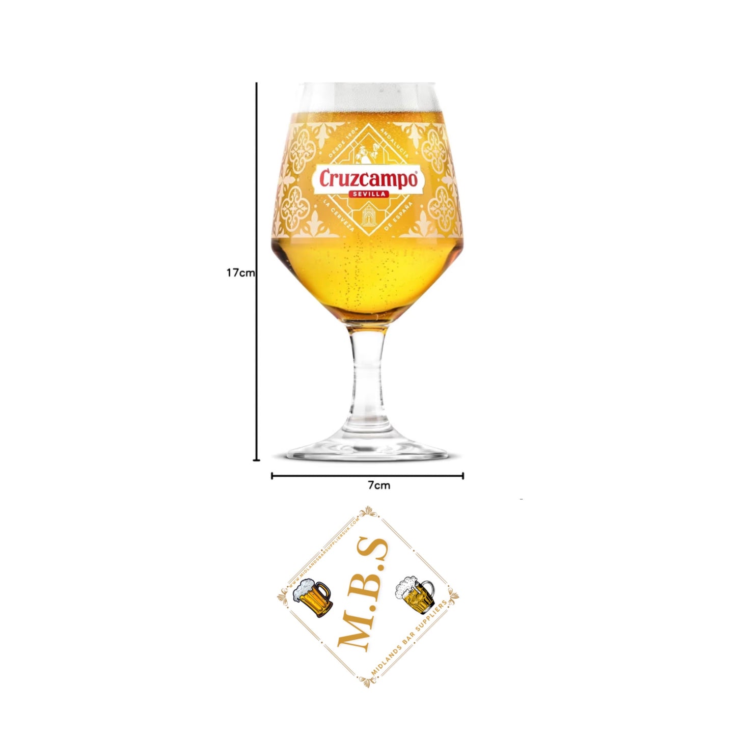 Cruzcampo Premium Beer Glass, 17cm Tall Crystal Stemware with Decorative Pattern, Includes Thin Midlands Bar Suppliers Beer Coaster