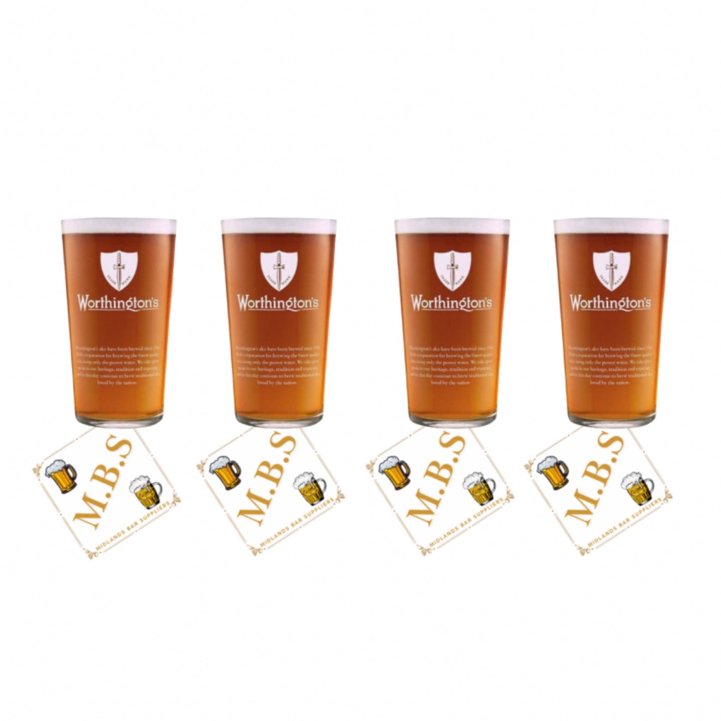 Worthington's Beer Glass Set with 4 Pint Glasses and 10 Beer Mats, Traditional English Style
