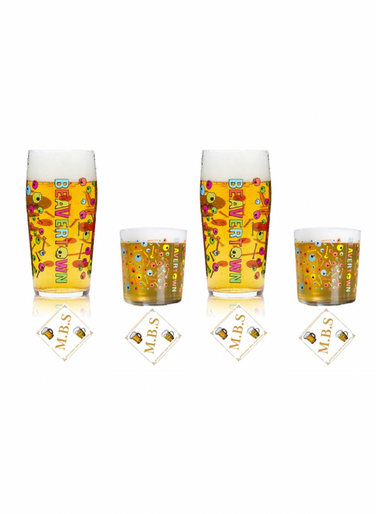 2 X Beavertown Pint Glasses and 2 X Half Pint Glass Tumbler & 2 X Thin Midlands Bar Suppliers Beer Coasters