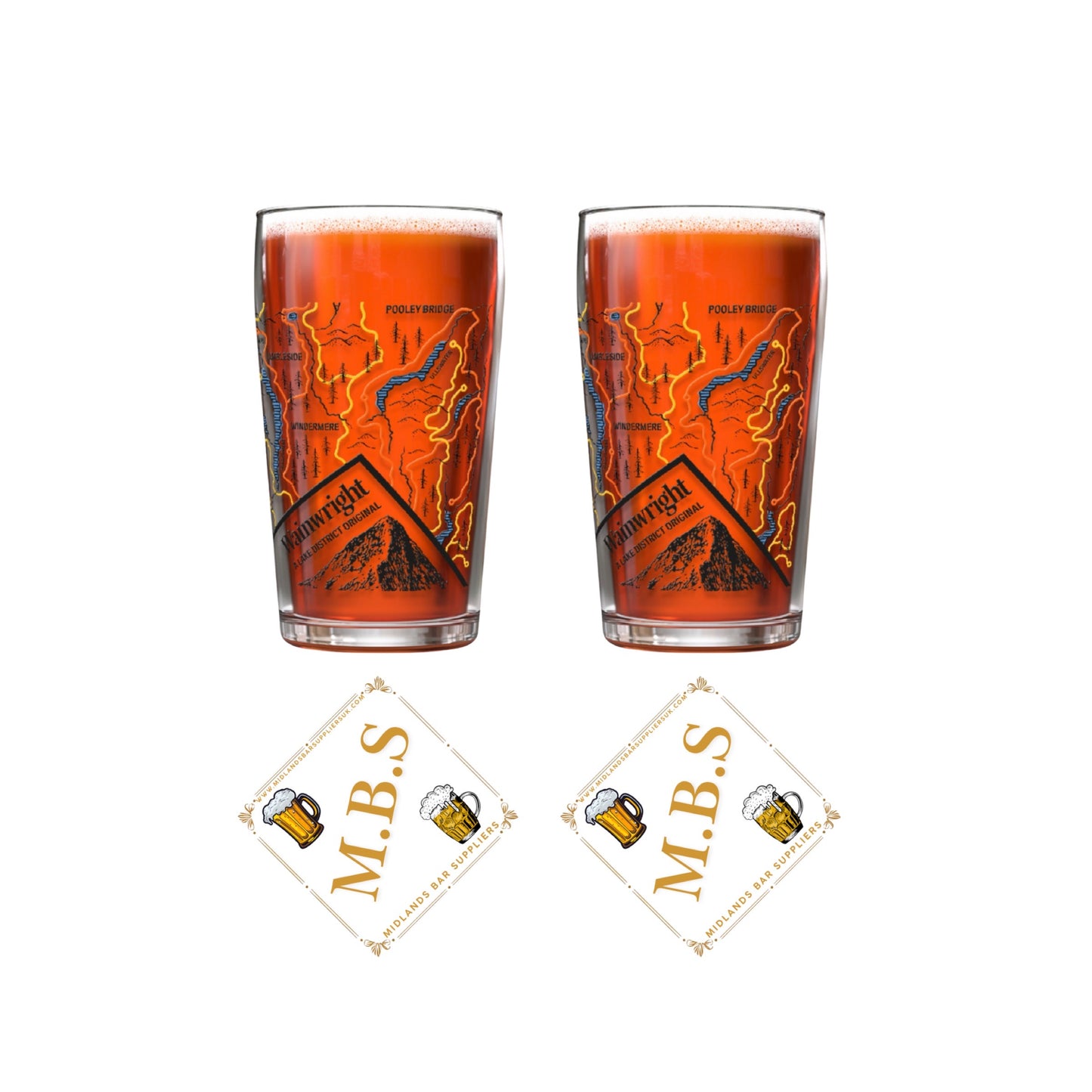 Wainwright - A Lake Destrict Walking Trails Themed Pint Glasses X2 & 2 x Midlands Bar Suppliers Beer Card Coasters