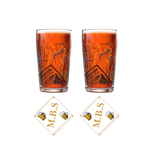 Wainwright - A Lake Destrict Walking Trails Themed Pint Glasses X2 & 2 x Midlands Bar Suppliers Beer Card Coasters