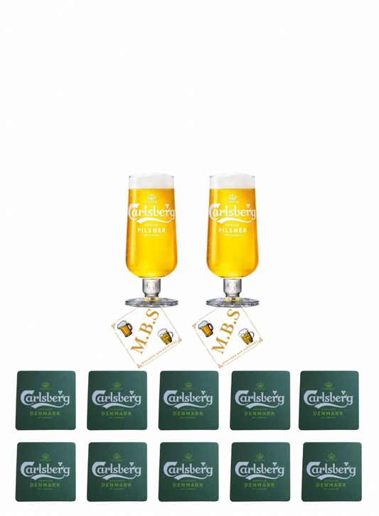 2X Carlsberg Danish Pilsner Original Pint Glass/Chalice Glass/Glasses/Barware CE Stamped Plus 10X Carlsberg Coasters