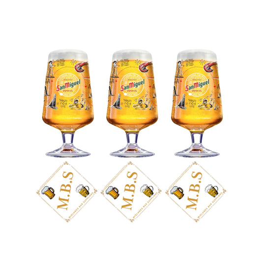 3 x San Miguel Pint Beer Glass, Limited Edition Decorative Design, Plus 3 x Midlands Bar Suppliers Card Coasters