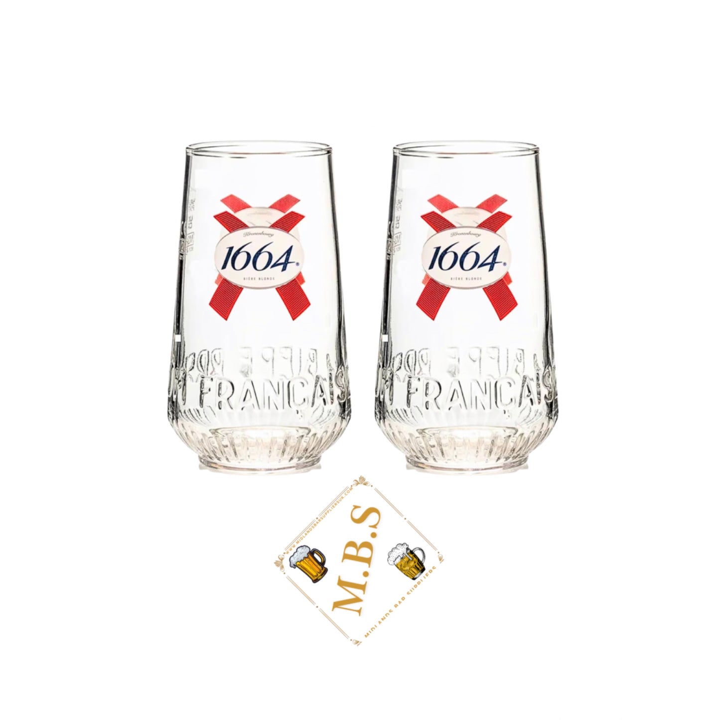 2 X Kronenbourg 1664 Half Pint Glasses with Midlands Bar Suppliers Thin Bar Coaster
