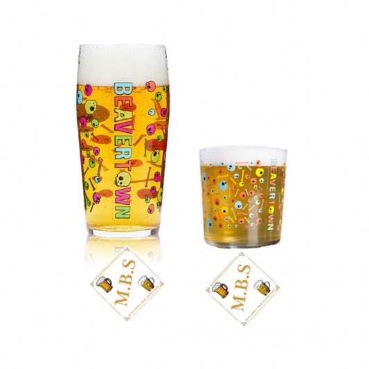 Beavertown Pint Glass and Half Pint Glass Tumbler & 2 X Thin Midlands Bar Suppliers Beer Coasters