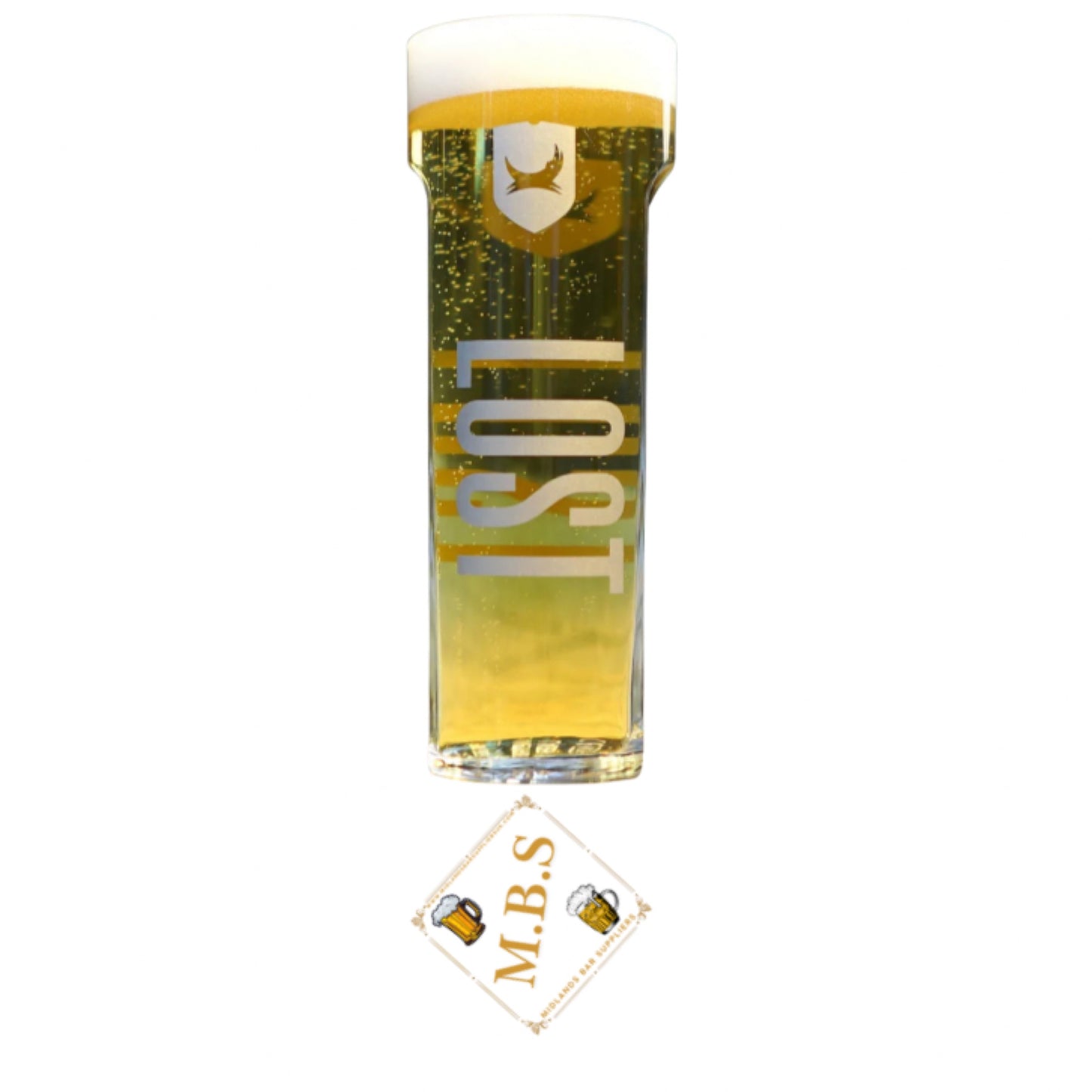Lost Lager Beer Glasses, Set of 2, Plus Midlands Bar Suppliers Thin Bar Coaster