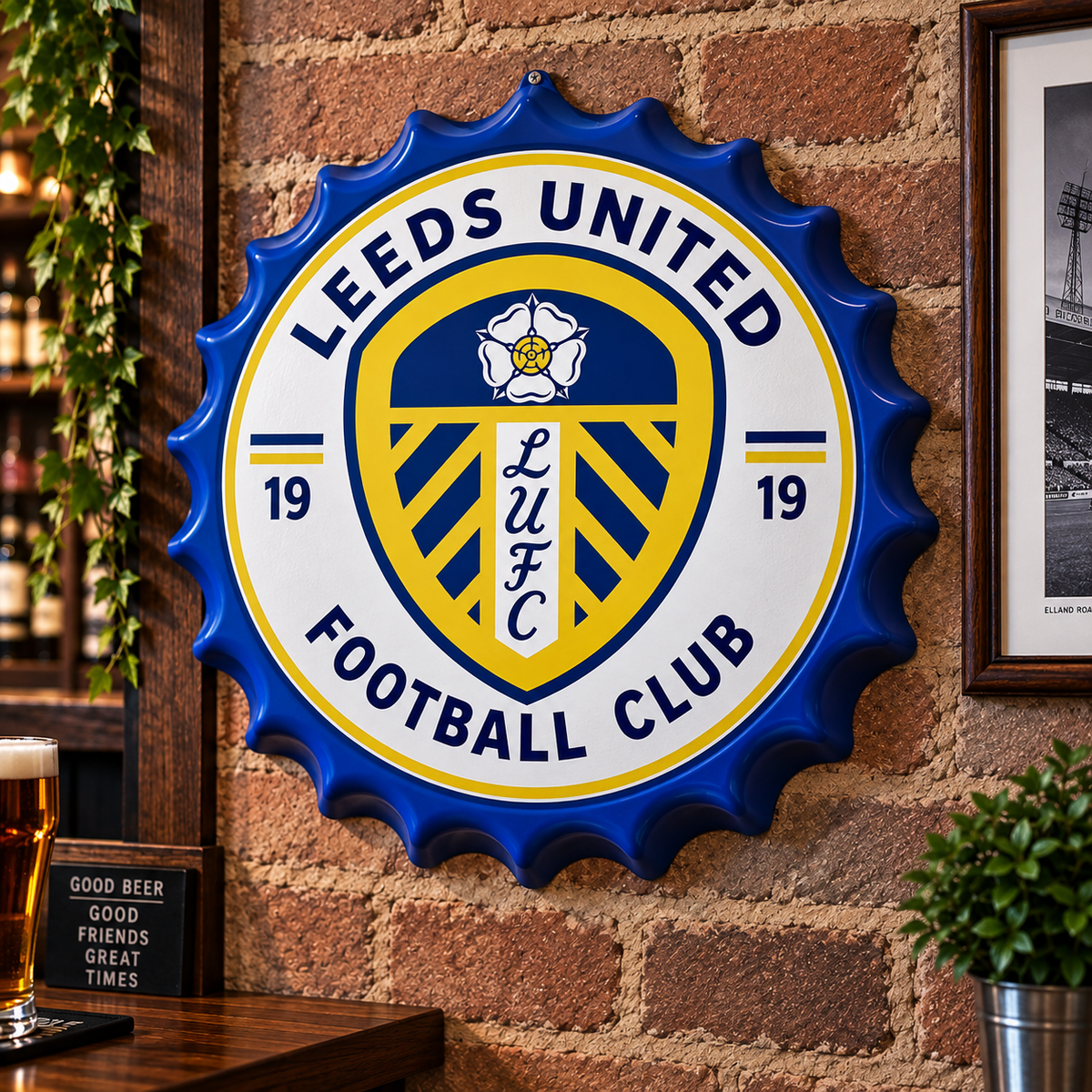 Leeds United Metal Bottle Cap Sign 35cm