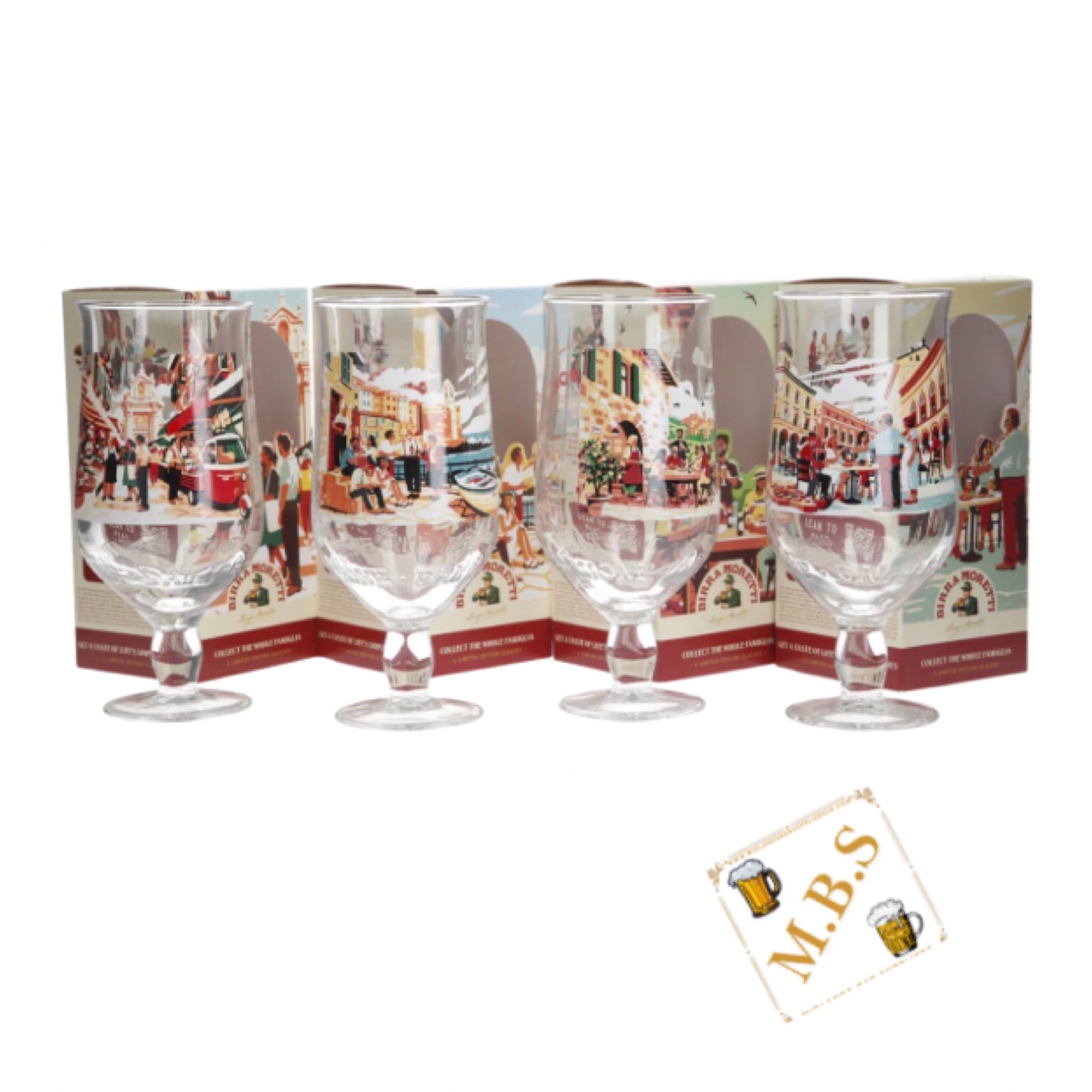 Birra Moretti Limited Edition Collector's Pint Glass, Set of 4, Vintage Italian Scene Design, Gift Boxed