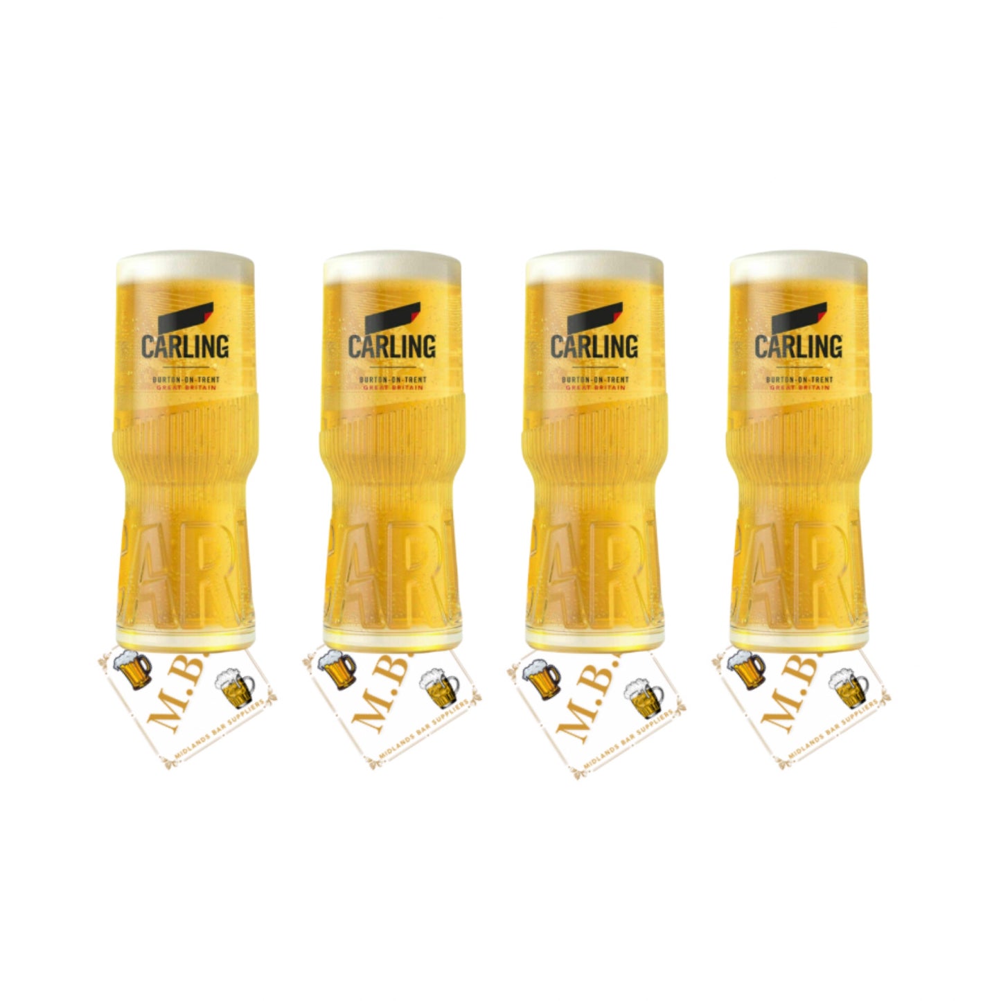 Carling Beer Pint Glasses 568ml CE Stamped (Set of 4) Plus 10 x Branded Beer Coasters