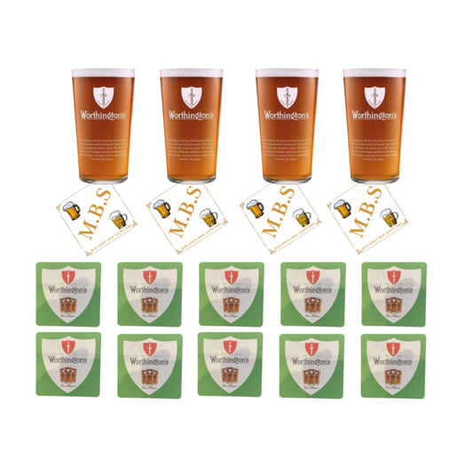 Worthington's Beer Glass Set with 4 Pint Glasses and 10 Beer Mats, Traditional English Style