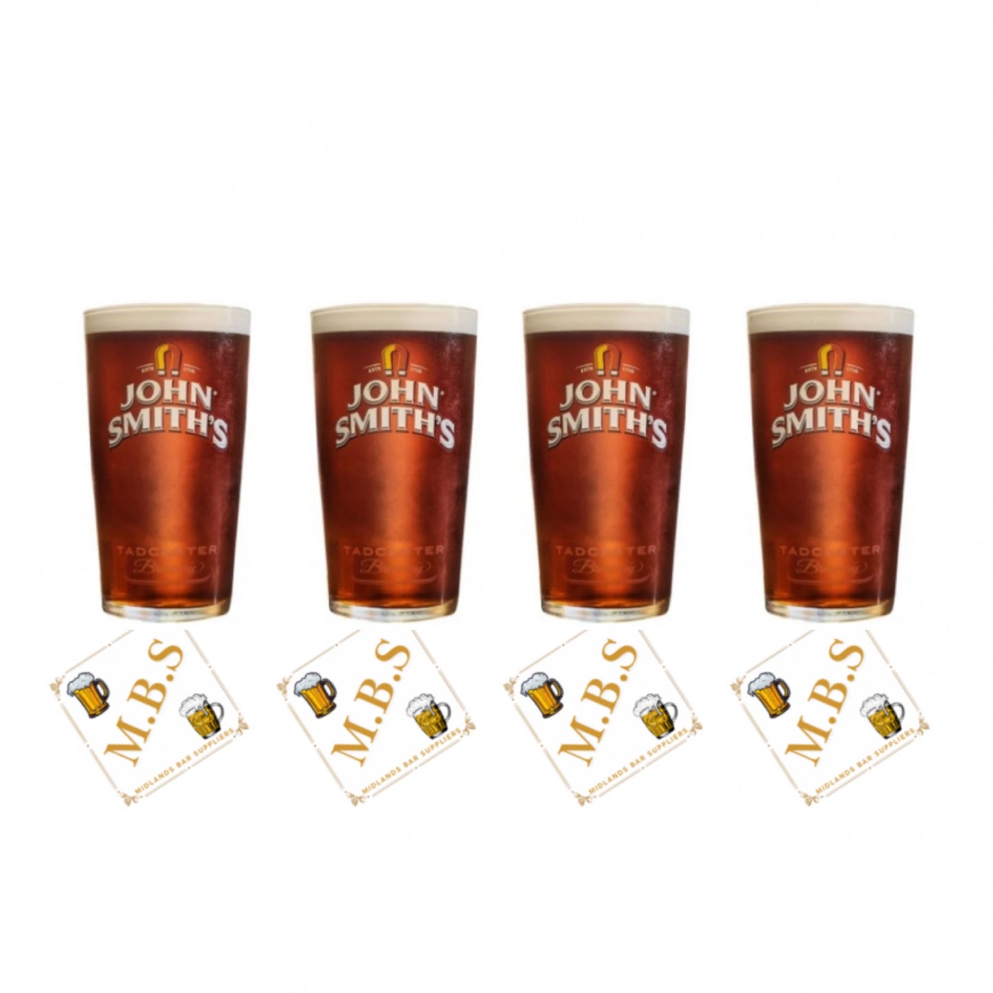 John Smith's Beer Pint Glasses (Set of Four) Plus 10 x Branded Beer Coasters, Traditional Pub Style