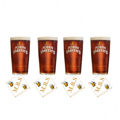 John Smith's Beer Pint Glasses (Set of Four) Plus 10 x Branded Beer Coasters, Traditional Pub Style