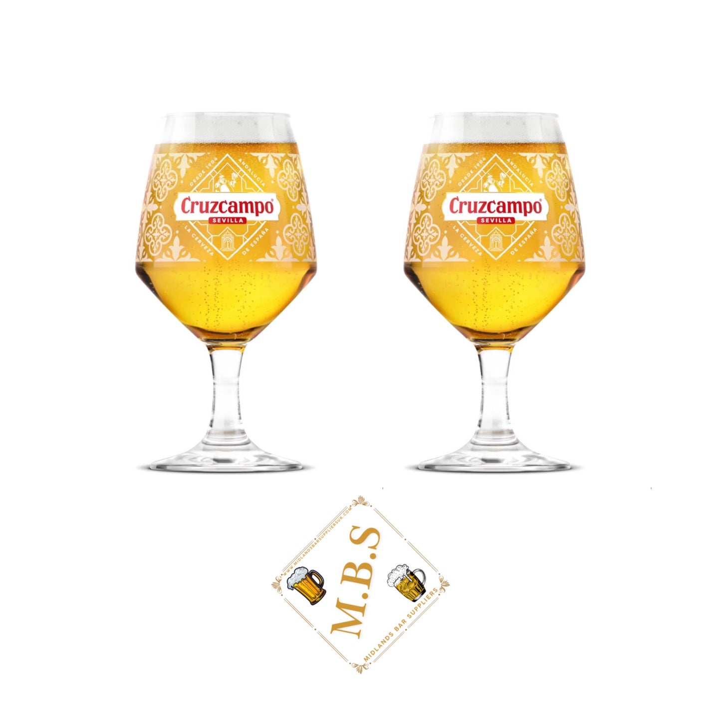 Cruzcampo Premium Beer Glasses x2 Crystal Glass, Decorative Pattern, with Bar Thin Midlands Bar Suppliers Beer Coasters