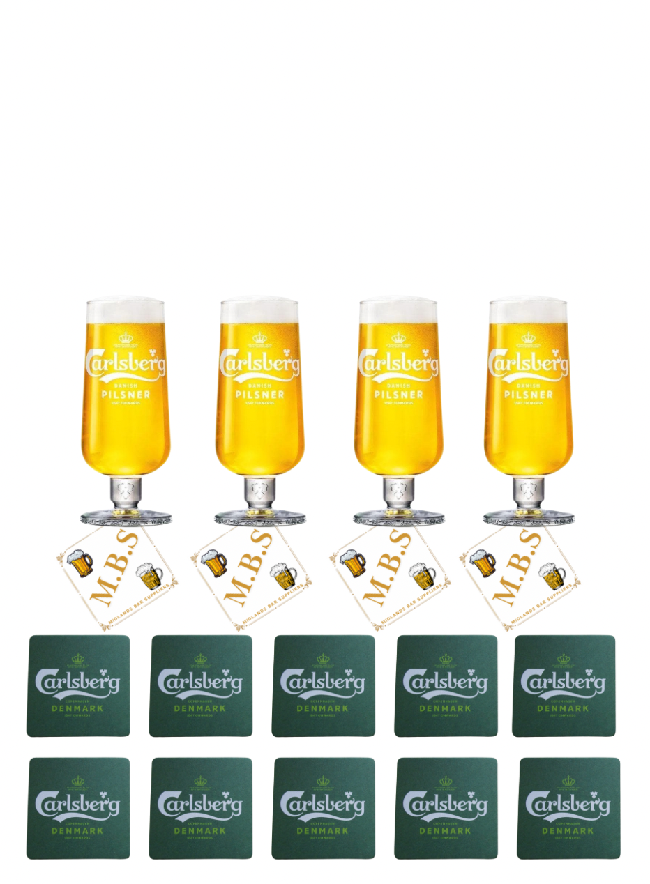 4X Carlsberg Danish Pilsner Original Pint Glass/Chalice Glass/Glasses/Barware CE Stamped Plus 10X Carlsberg Coasters