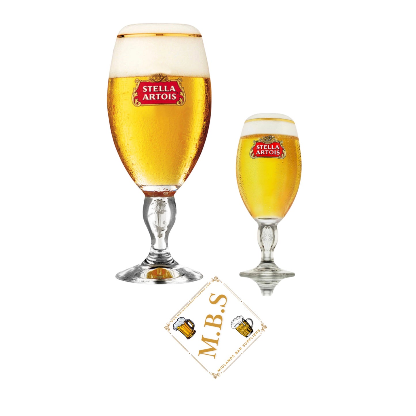 Stella Premium Crystal Beer Glasses Set, Traditional Belgian Style, 1 Pint and Half Pint Chalice with Midlands Bar Suppliers Thin Beer Coaster