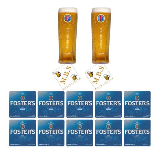 Foster's Beer Pilsner Glass Set with 10 Coasters, Melbourne Crafted Refresh Collection