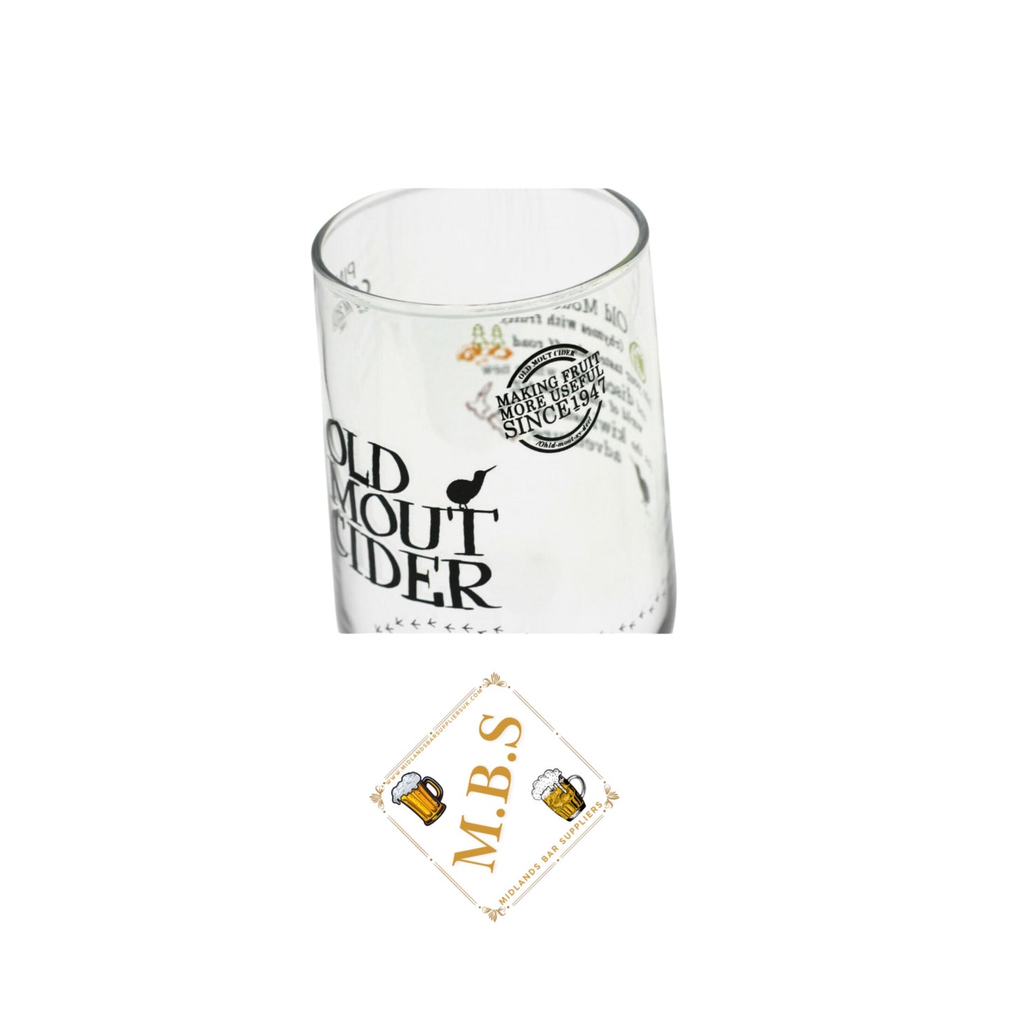 Old Mout Cider Premium Glass with Midlands Bar Suppliers Thin Coaster, Traditional Beer Glass Design, Clear Crystal Glass
