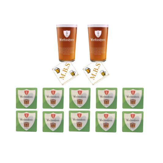 Worthington's Beer Glass Set with 2 Pint Glasses and 10 Beer Mats, Traditional Ale Glassware Collection
