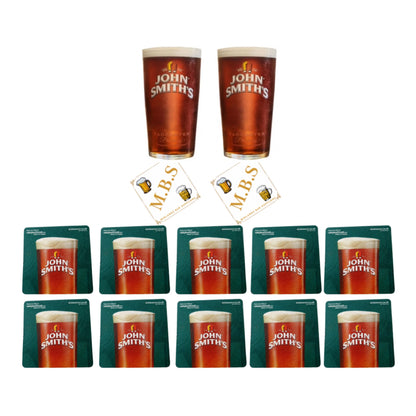 John Smith's Beer Glass Set with 2 Pint Glasses and 10 Pub Coasters, Traditional Bar Collection
