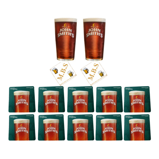 John Smith's Beer Glass Set with 2 Pint Glasses and 10 Pub Coasters, Traditional Bar Collection
