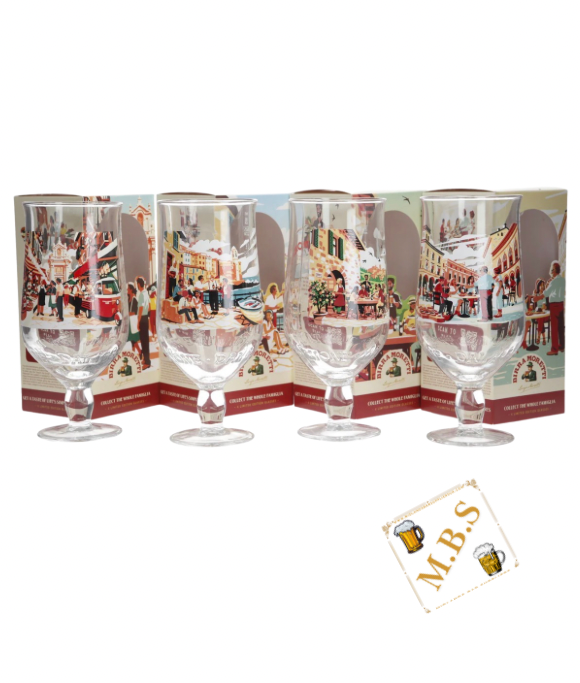 Birra Moretti Limited Edition Collector's Pint Glass, Set of 4, Vintage Italian Scene Design, Gift Boxed