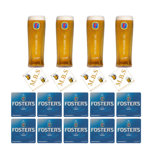 Foster's Pint Glasses 568ml (Set of Four) Plus 10 x Foster's Branded Beer Coasters