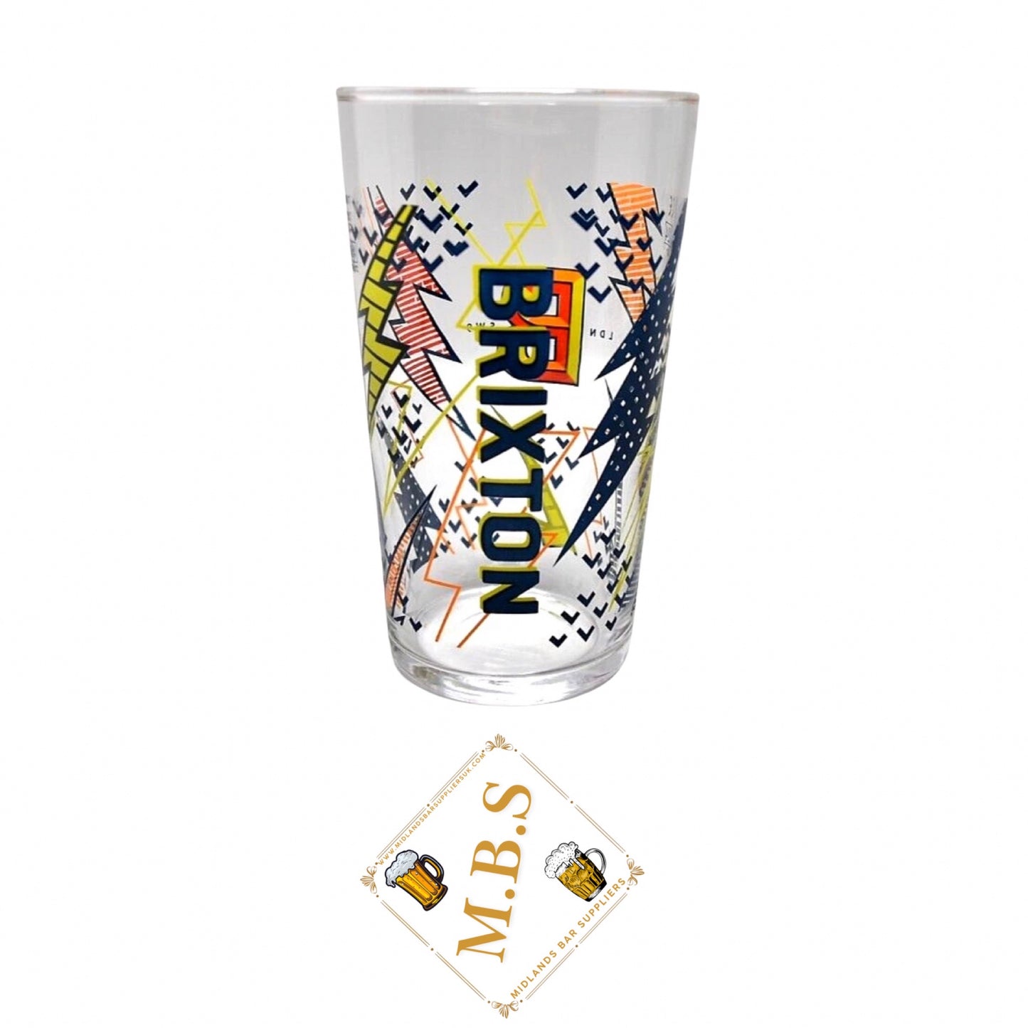 Brixton Brewery Pint Glasses x2 - Decorative Design, Plus 2 x Midlands Bar Suppliers Thin Card Coasters