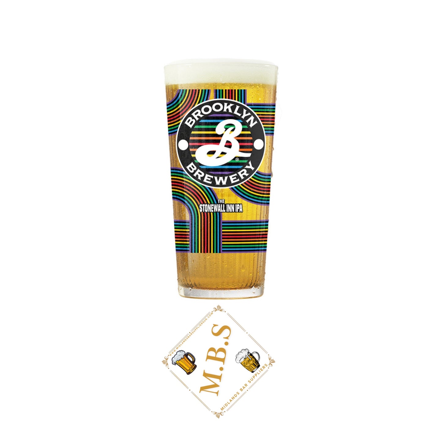 Brooklyn Brewery Stonewall Inn IPA Beer Pint Glass, Rainbow Pride Design, + 1 x Midlands Bar Suppliers Thin Card Beer Coaster
