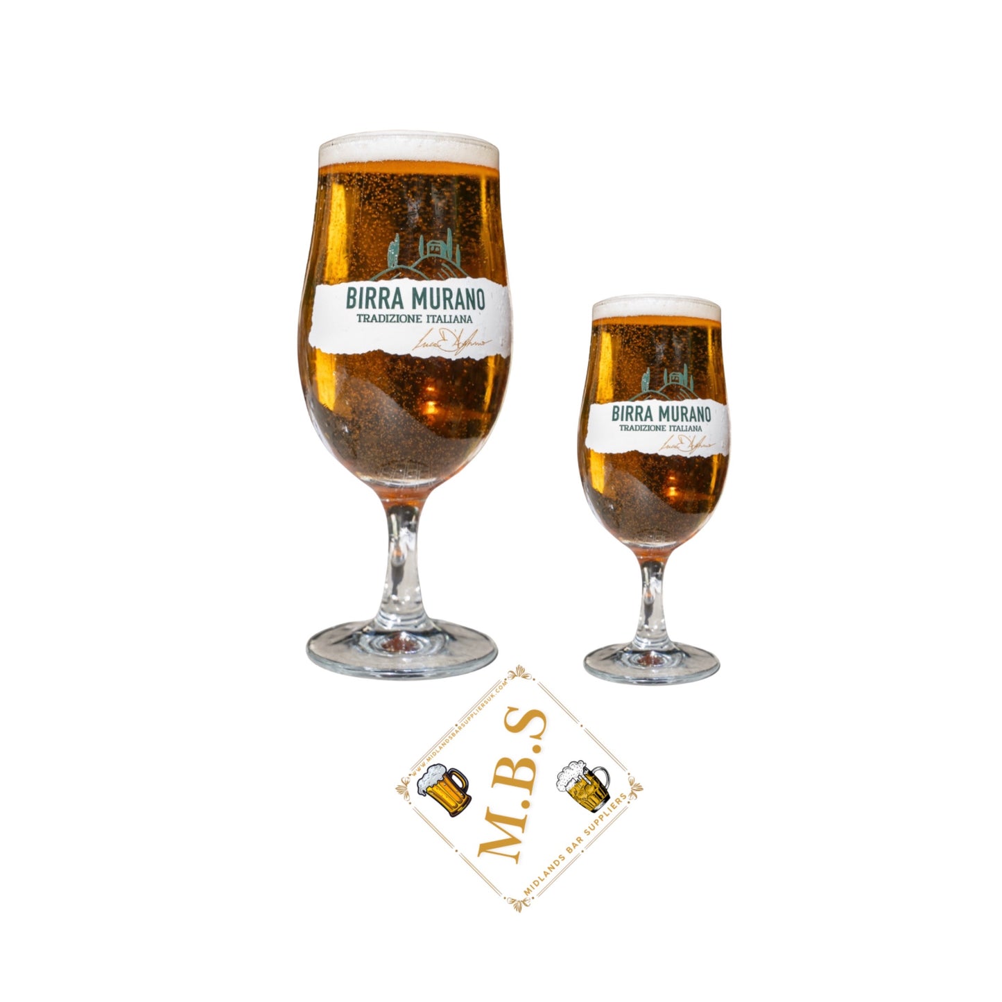 Birra Murano Traditional Italian Beer Glass Set, Crystal Stemmed Pint and Half Pint Glasses with Midlands Bar Suppliers Thin Beer Coaster