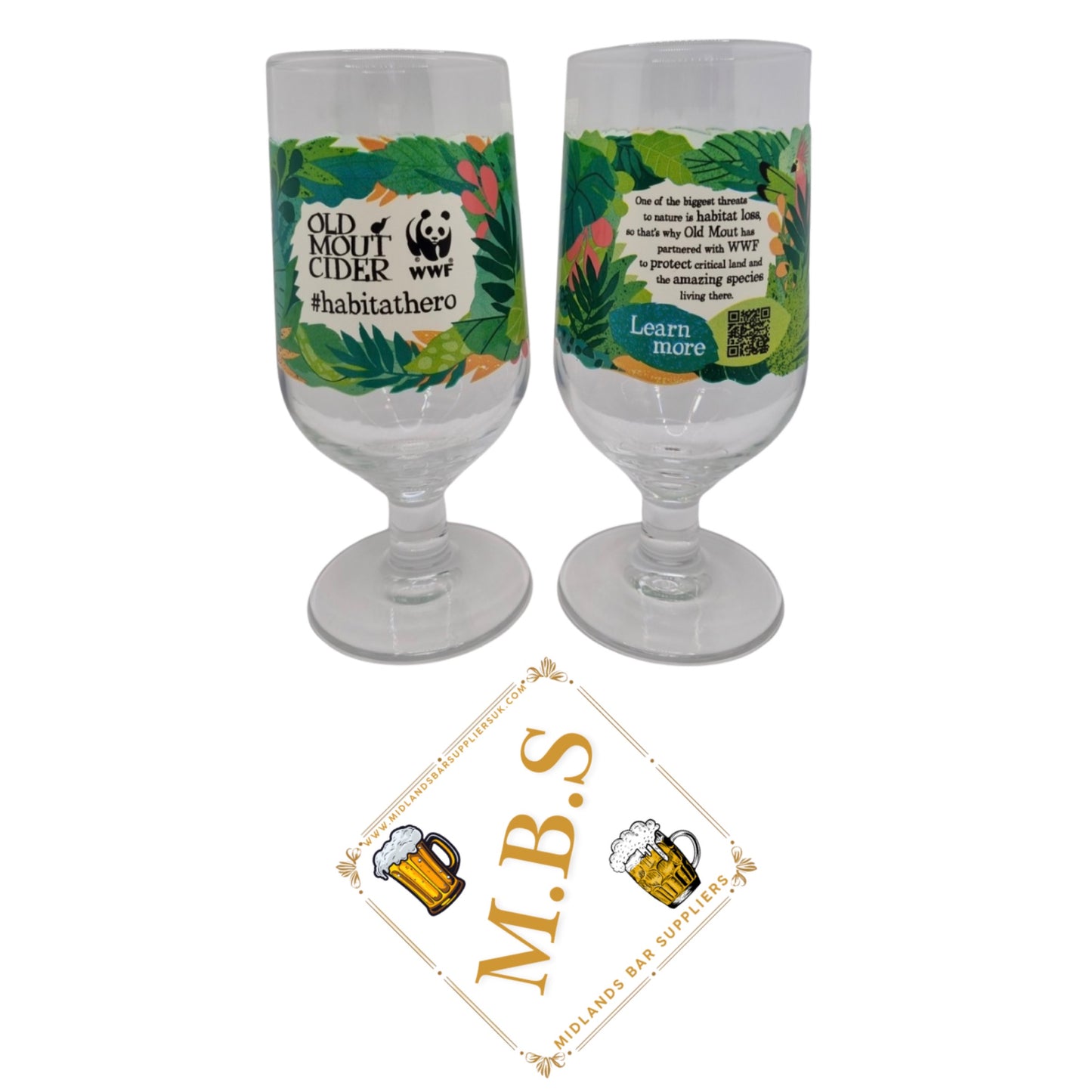2X Old Mout Cider WWF Habitat Hero Pint Glasses, Tropical Leaf Design Glasses