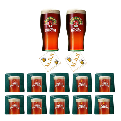John Smith's Extra Smooth Beer Glass Set, 2 Pint Glasses and 10 Beer Mats, Official Pub Drinkware Collection