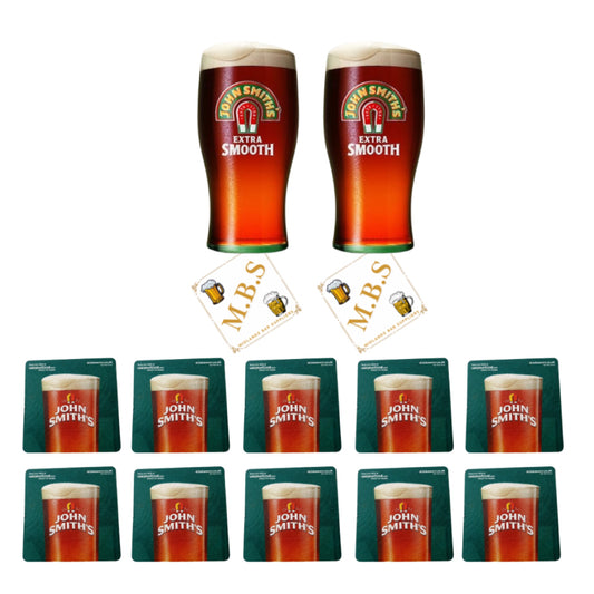 John Smith's Extra Smooth Beer Glass Set, 2 Pint Glasses and 10 Beer Mats, Official Pub Drinkware Collection