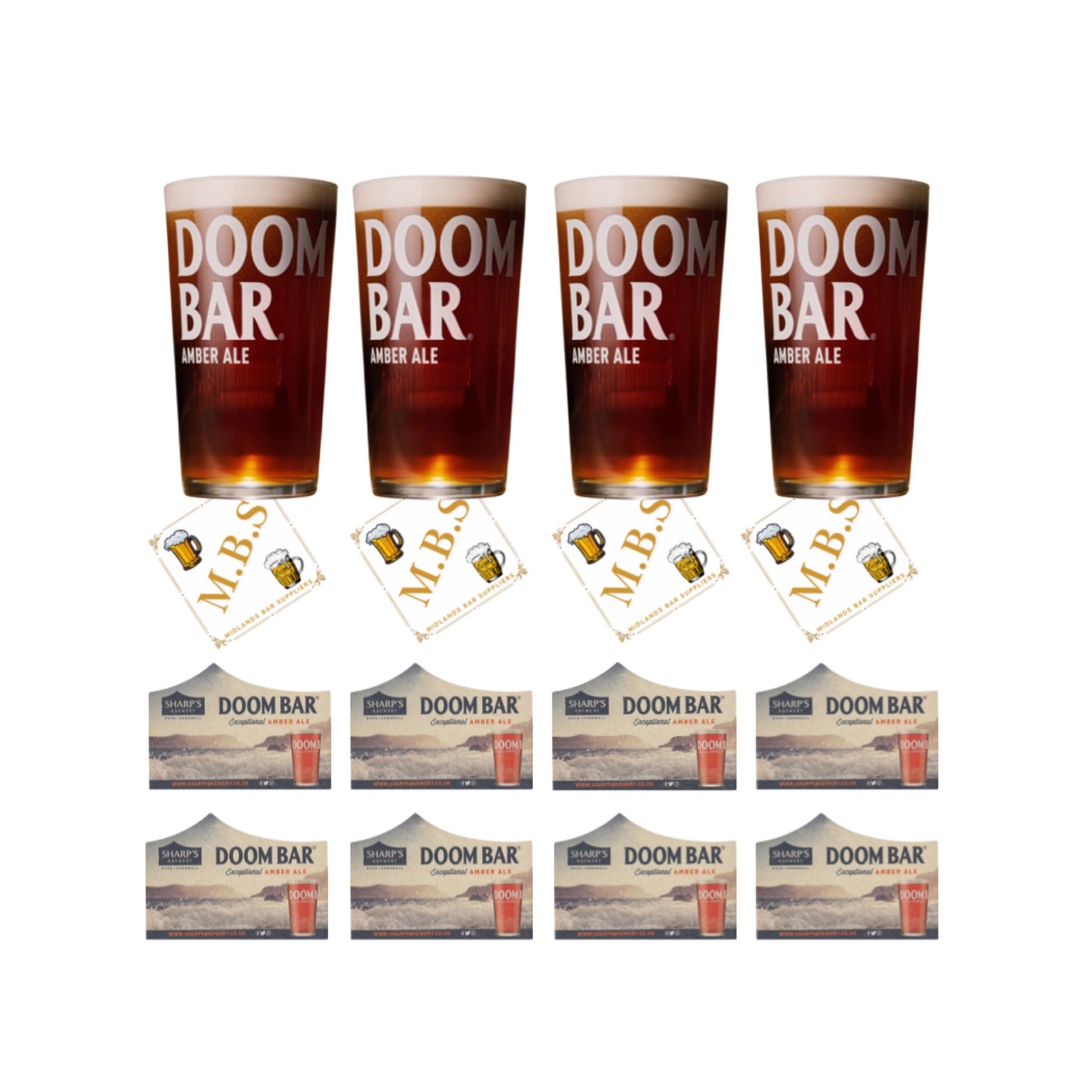 Sharp's Doom Bar Amber Ale Beer Glasses (Set of Four) Plus 8 x Branded Beer Coasters