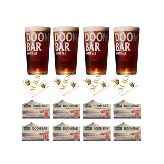 Sharp's Doom Bar Amber Ale Beer Glasses (Set of Four) Plus 8 x Branded Beer Coasters