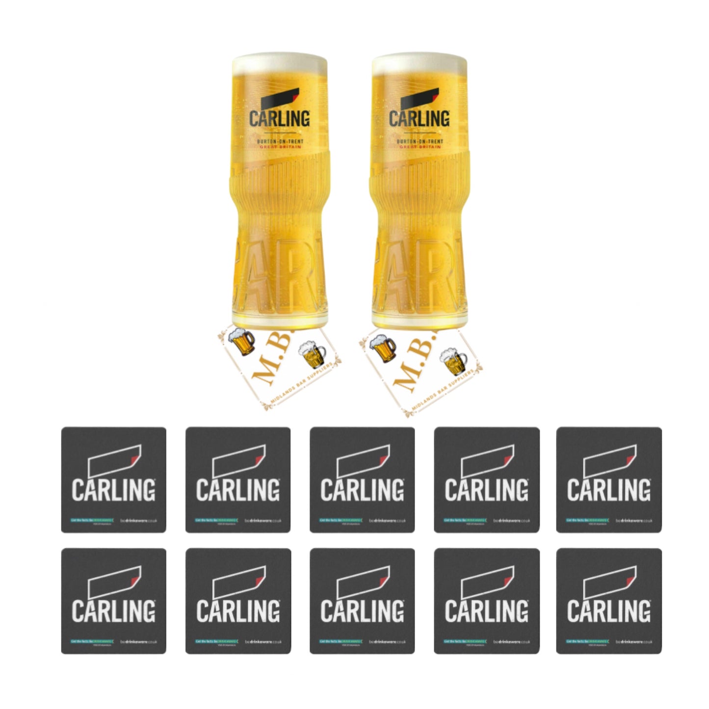Carling Half Pint Beer Glasses (Set of Two) with 10 x Branded Beer Coasters, Burton-on-Trent, Traditional Pint Glass Design