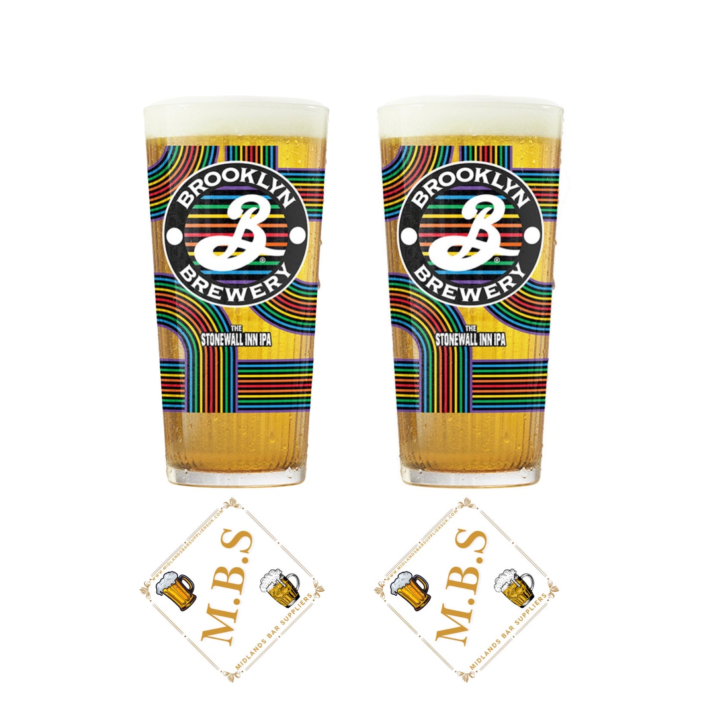 Brooklyn Brewery Stonewall Inn IPA Beer Pint Glass, Rainbow Pride Design, Set of 2 + 2 x Midlands Bar Suppliers Think Card Beer Coasters
