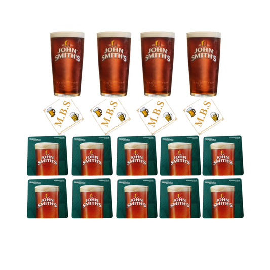 John Smith's Beer Pint Glasses (Set of Four) Plus 10 x Branded Beer Coasters, Traditional Pub Style