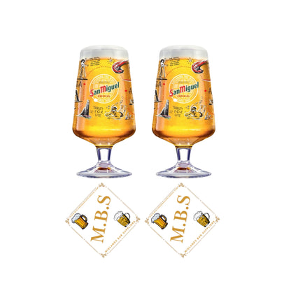2 X San Miguel Pint Beer Glass, Limited Edition Decorative Design, Plus 2 x Midlands Bar Suppliers Card Coasters