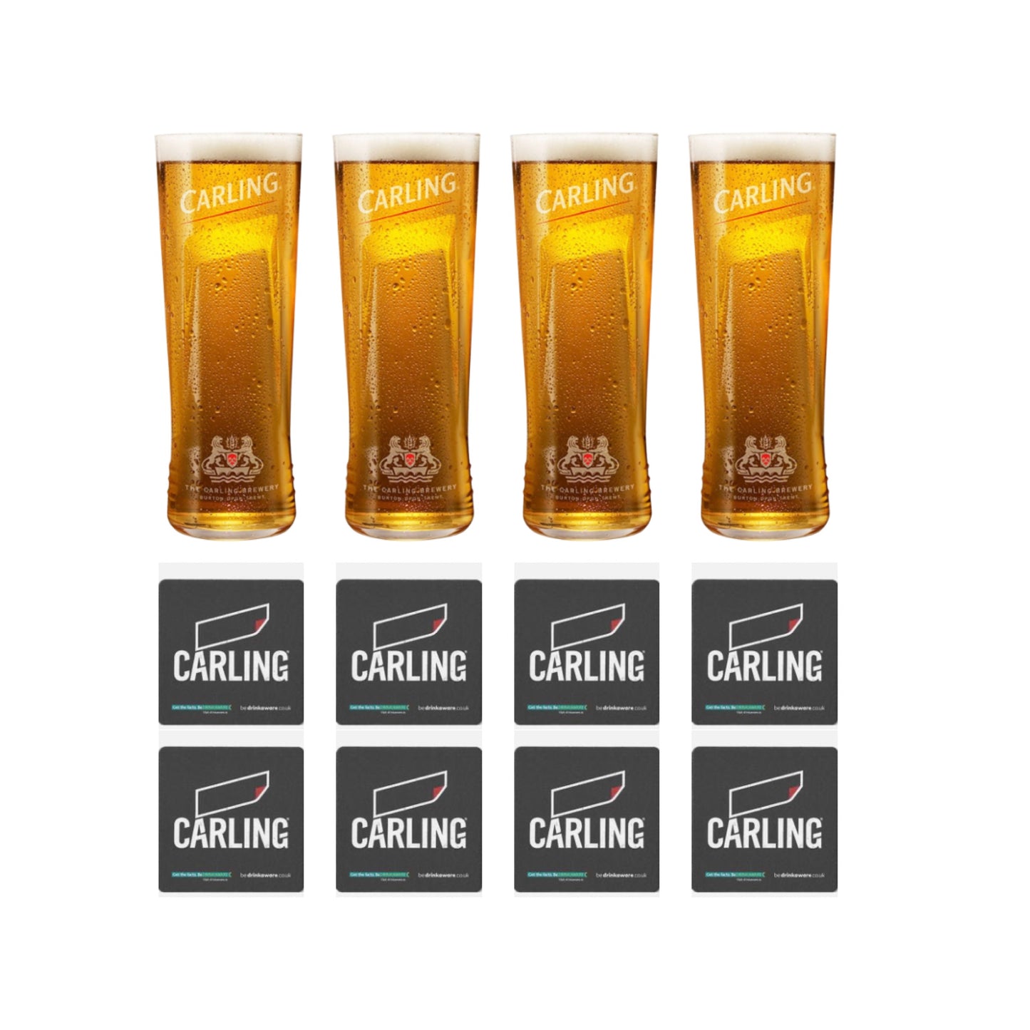 4 x Carling Pint Glasses Plus 8 x Carling Beer Coasters